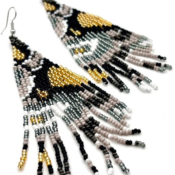 4 5/8" L Elegant Handcrafted Beaded Abstract Animal Print Tassel Dangle Earrings - Picture 2 of 3